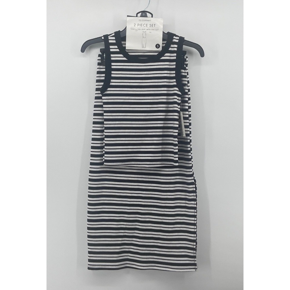 No Comment Womens 2 Piece Ribbed Striped Tank and Midi Skirt Set Black White S